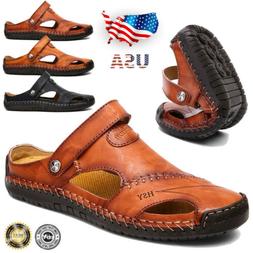 Mens Brown Leather Safety Closed Toe Outdoors Sandals Casual